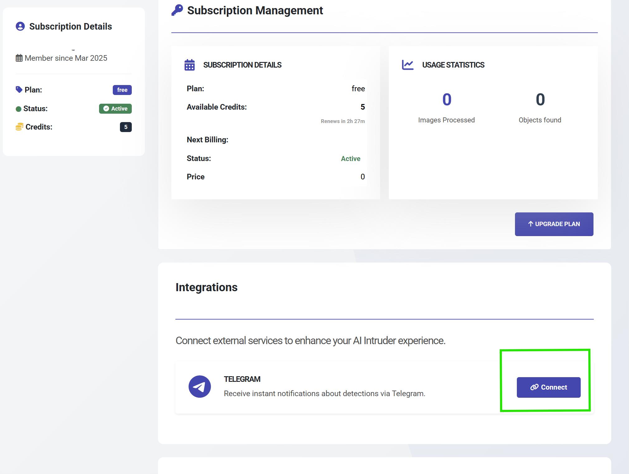 AITrespasser dashboard with Telegram integration option highlighted
